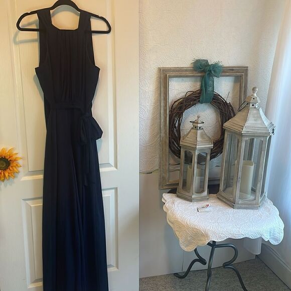 Vince Camuto Jumpsuit  Ruffle Neck Halter Wide Leg Navy Blue Stretch Sz. 4 - Picture 3 of 11